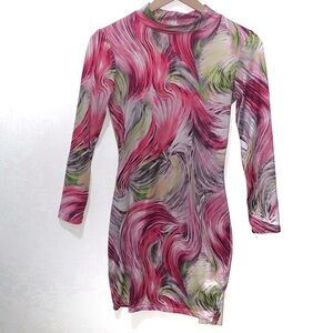 Fashion Nova pink green swirl pattern mockneck long sleeve dress women’s medium
